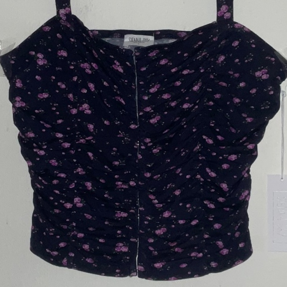 Sienna Sky Rushed Corset Style Black Pink Flower Adjustable Strap Top Size L NWT